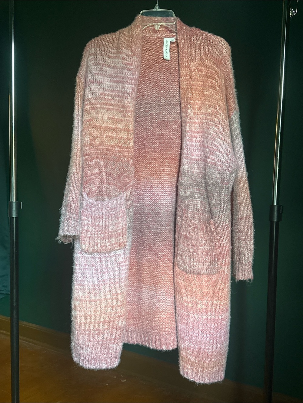 Long Open-Front Ombre Pink Cardigan Sweater
